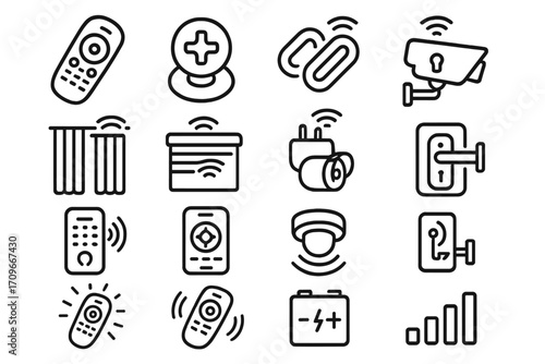 Smart home security linear icon set. featuring remote, camera, door, lock, sensor, light, and alarm symbols