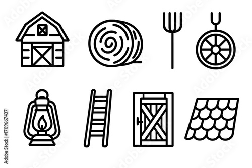 Farm equipment linear icons set. featuring barn, hay, pitchfork, wheel, lantern, ladder, door, roof symbols