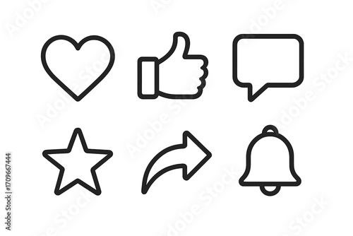 Social media linear icon set. featuring heart, thumb up, message, star, share, and bell symbols
