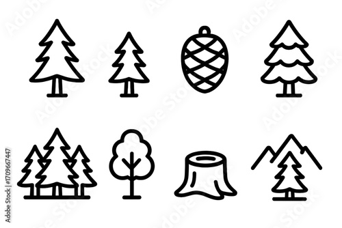 Forest elements silhouette icon set. featuring tree, pinecone, stump, forest, and mountain symbols
