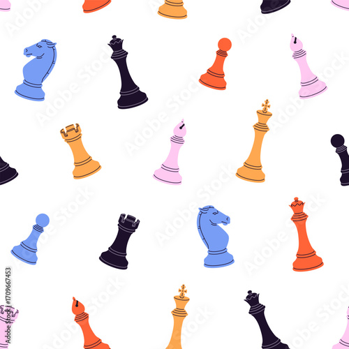 Repeatable pattern of black, white and colourful chess pieces. Endless background of different chessmen, chessboard figures: pawn, knight, king, bishop, rook, queen. Flat seamless vector illustration