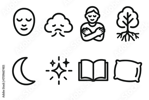 Mindfulness and relaxation silhouette icon set. featuring meditation, nature, sleep, tree, moon, calm, and book symbols