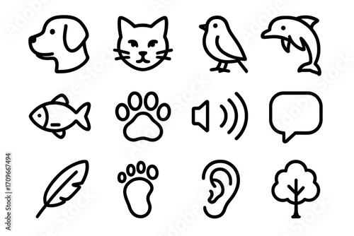 Animals and nature linear icons set. featuring dog, cat, bird, dolphin, fish, paw, sound, speech bubble, feather, footprint, ear, tree