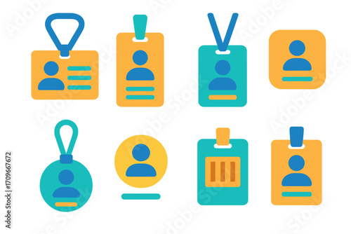 Business identification flat icon set. featuring badge, id cards, lanyard, and profile symbols