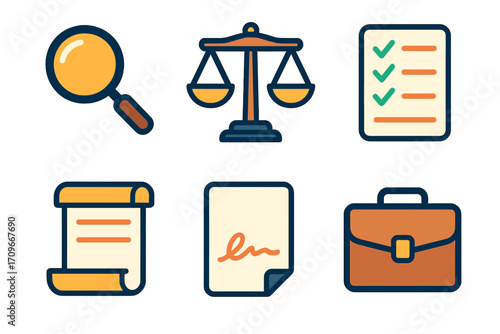 Business and legal flat icon set. featuring magnifying glass, scales, checklist, contract, signature, and briefcase symbols