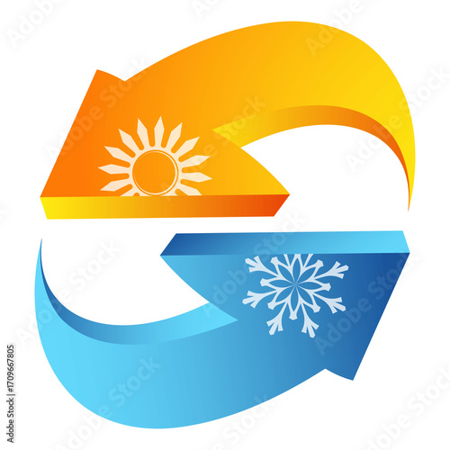 Blue and yellow arrows, sun and snowflake. Design for air conditioner