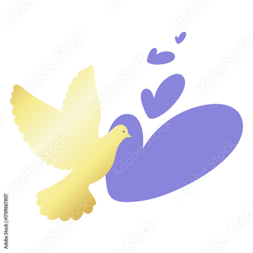 Golden dove silhouette and purple heart, cute love design