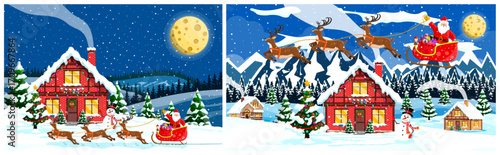 Santa Claus delivering gifts on Christmas Eve. Winter landscape with house covered snow, trees, moon, and snowman. New Year celebration.