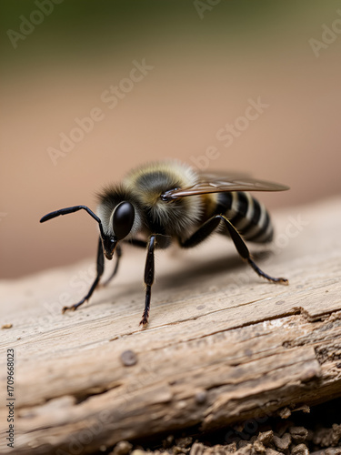 Closeup on a female nycthemeral minder, Andrena nycthemra , sitting on wood