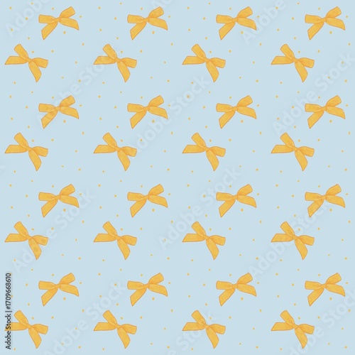  A cheerful and happy seamless pattern with yellow bows on a blue background.