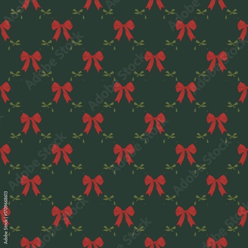  Red and green bows on a noble green background. Elegant festive seamless pattern.