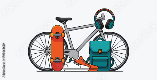Urban Lifestyle: Bicycle, Skateboard, Backpack, Headphones, Sneakers; Flat Design Illustration