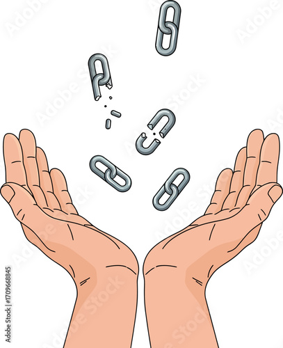 Open hands catching falling broken chain links, symbolizing failure or loss of connection.