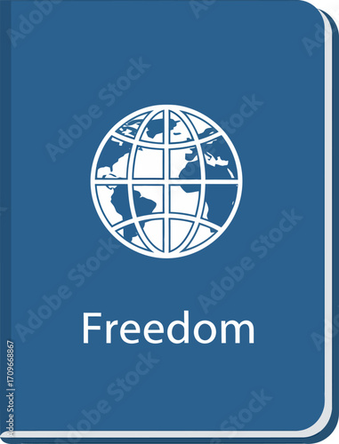 A blue book cover with a white globe icon and the word "Freedom" below it, symbolizing global liberty and international rights.