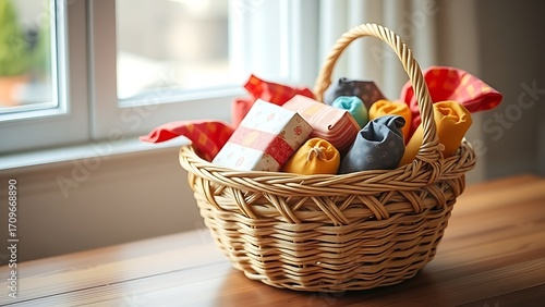 Woven basket filled with colorful fabric-wrapped parcels on a minimalist wooden table, bathed in soft natural light.