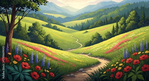 Scenic Valley Meadow Path with Lush Flora.