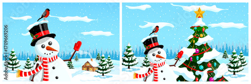 Snowman in a winter landscape with cabin and Christmas tree, bullfinch bird on top hat. Christmas and New Year festive background for greeting card.