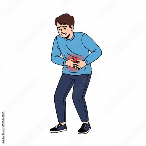 Vector Illustration of Man with Stomach Ache Holding Belly in Pain