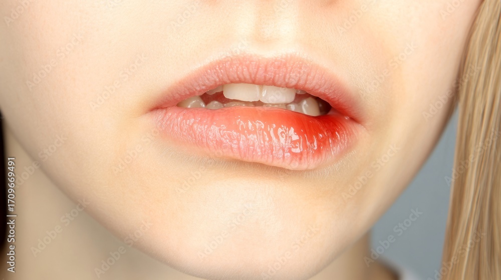Fototapeta premium Close-up of a Woman with a Cold Sore on Her Lip