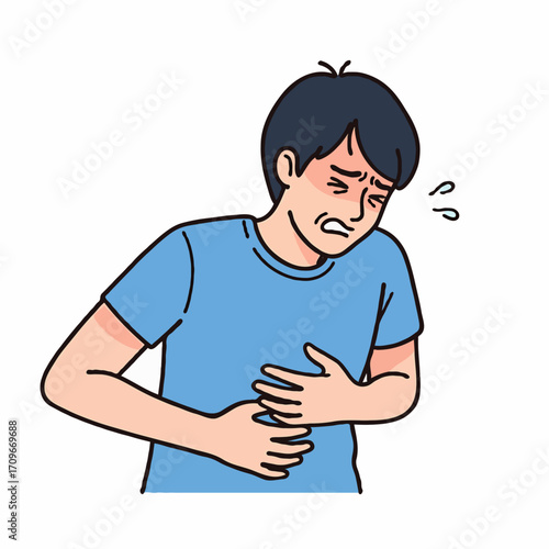 Vector Illustration of Man with Stomach Ache Holding Belly in Pain