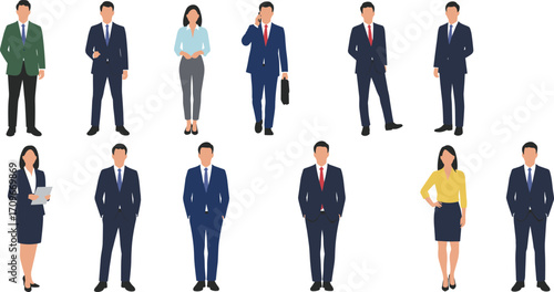 Business professionals team illustration, diverse corporate people, office workers in formal attire, teamwork concept, leadership, communication, modern workplace collaboration