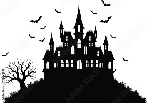 Spooky haunted castle silhouette on hill with flying bats, twisted tree, dark night, Halloween vector design for scary themes.