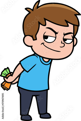 Cartoon Boy with Mischievous Grin Hiding Stack of Money Behind His Back