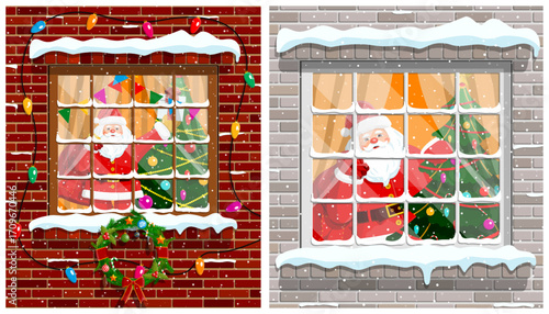 Santa claus in a window, christmas tree with garland, winter holiday illustration for new year concept.