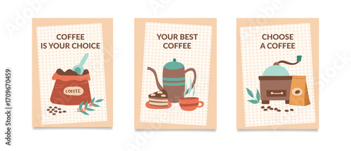 A coffee concept. A set of coffee posters. Vector flat templates. Concept of taking a break.