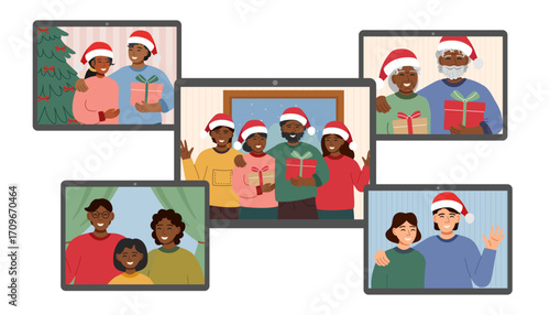 Concept of Christmas online celebration. Screens of computers with people. Online call. Online communication. Vector flat cliparts. 