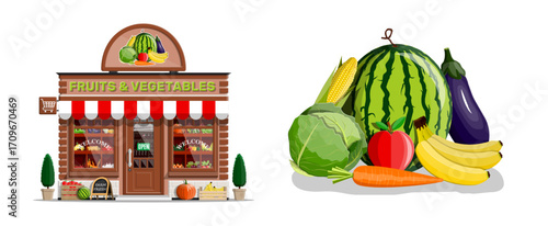 Fruits and vegetables shop building exterior and set of fresh produce isolated on white. Food store with awning for grocery banner. Healthy eating concept.