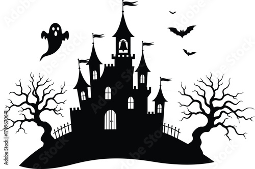 Spooky haunted castle silhouette with ghost, bats, creepy trees, dark gothic horror mansion, scary Halloween night vector illustration design