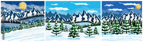 Set of winter landscape with snow, mountain, tree. Christmas nature rural backdrop with snowdrift, pine. Holiday season background with moon.