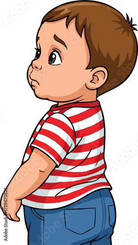 Cartoon Boy with Pensive Expression Wearing Red and White Striped Shirt