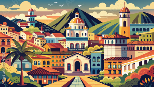 Quito’s Historic Centre in Ecuador unfolds cobblestone streets, Baroque churches, and ornate plazas framed by mountain ridges, preserving centuries of Andean culture, Spanish influence, and vibrant co