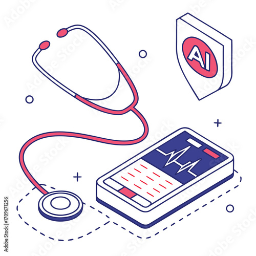  AI Healthcare Technology Illustration with Smartphone, Stethoscope, and Medical Shield