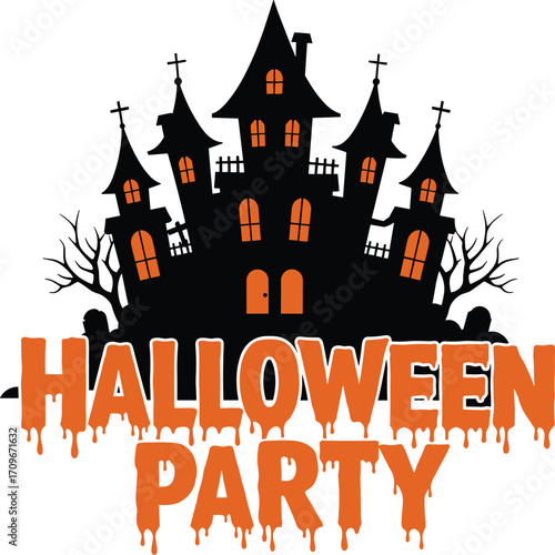 Spooky haunted castle with Halloween party text, perfect scary vector illustration for invitations, posters, flyers, decorations, and horror themes.