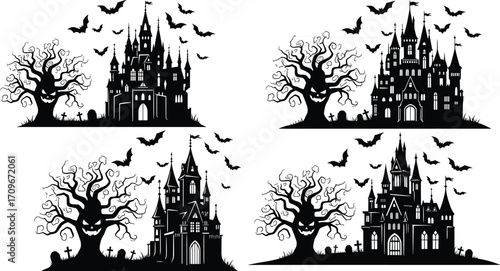 Spooky haunted castle with scary tree, flying bats and graveyard, perfect for Halloween design, horror themes and vector decorations
