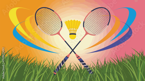 Badminton and tennis equipment on a green grass field, with rackets, a shuttlecock, and a ball ready for a fun summer sport