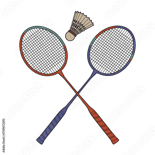 Colorful sports rackets and balls for tennis, badminton, and other racquet games, isolated on white for a fun, competitive illustration