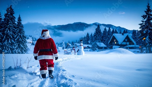 Santa Claus comes with gifts from the outside. Santa in a red suit with a beard and wearing glasses is walking along the road to Christmas. Father Christmas brings gifts to children.