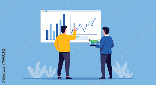 Business professionals analyze growth charts and financial performance data in a meeting setting