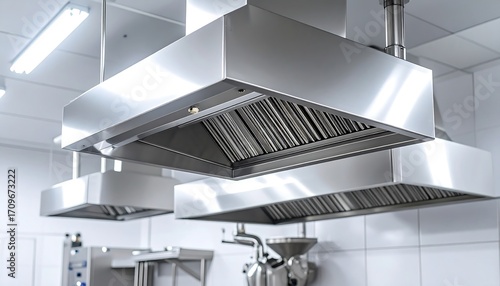 Shiny Stainless Steel Kitchen Exhaust Hoods Restaurant Modern Interior Design.
