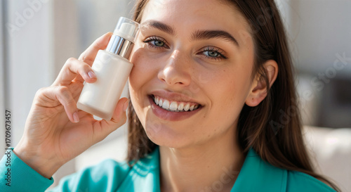 Happy Woman Presenting a White Cosmetic Bottle Mockup