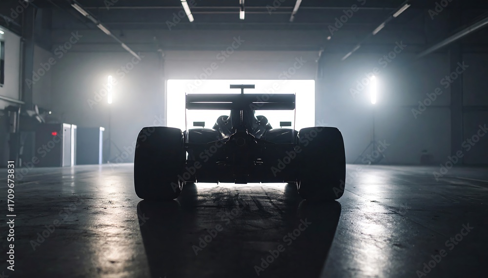 Fototapeta premium Silhouette of a Formula 1 Racing Car in a Garage with Dramatic Lighting, and Rear View.