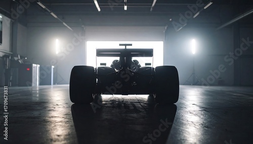 Silhouette of a Formula 1 Racing Car in a Garage with Dramatic Lighting, and Rear View.