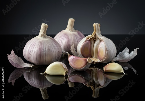Three whole and one sectioned heads of garlic, showcased against a dark background, with detailed textures and rich tones, reflecting the striking image on the surface.