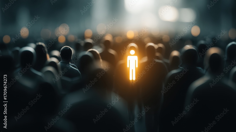 Fototapeta premium A glowing figure stands out brightly within a dark, blurred crowd, symbolizing individuality and uniqueness in a sea of conformity.