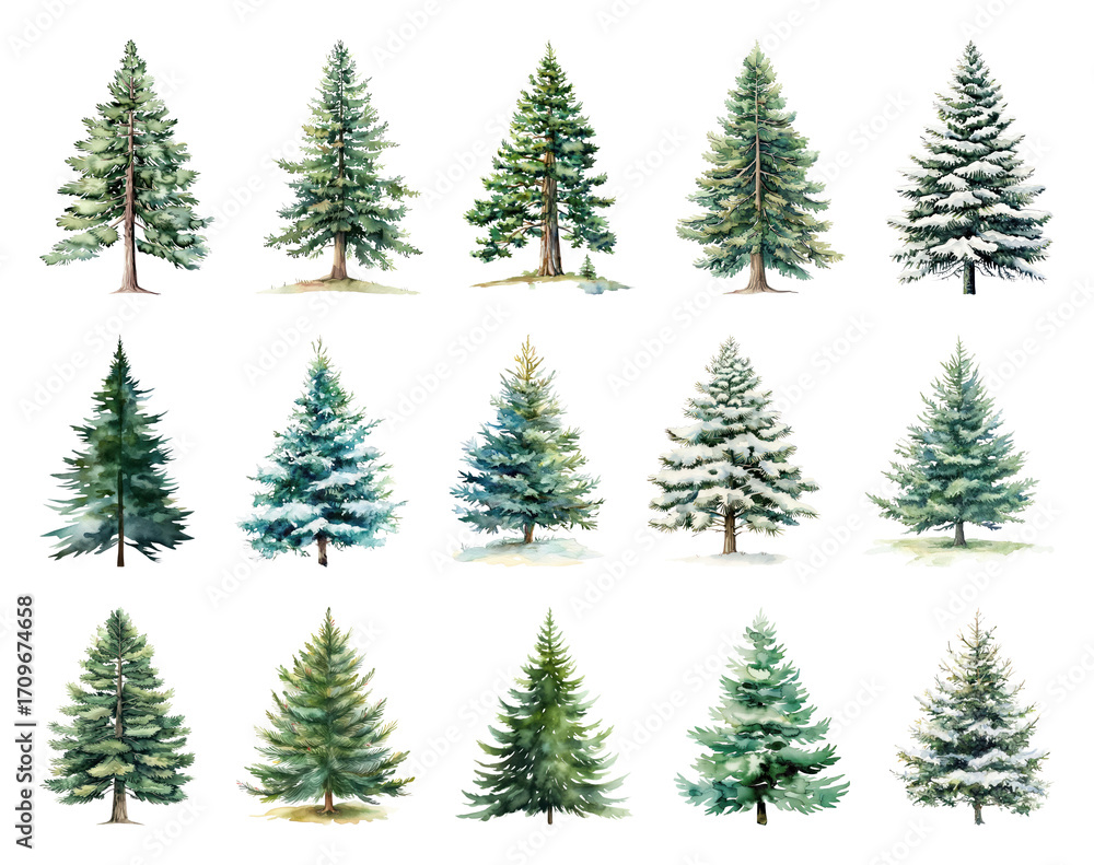 Fototapeta premium Diverse watercolor evergreen tree illustrations.
