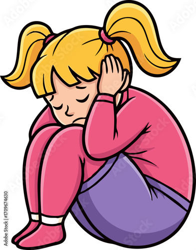 Cartoon girl with blonde pigtails, pink shirt, and purple pants, in a fetal position